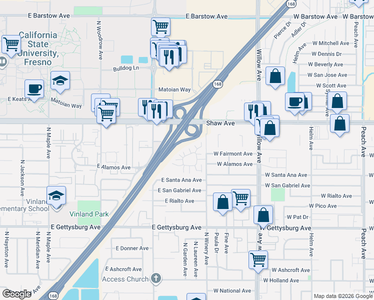 map of restaurants, bars, coffee shops, grocery stores, and more near 4929 North Winery Circle in Fresno