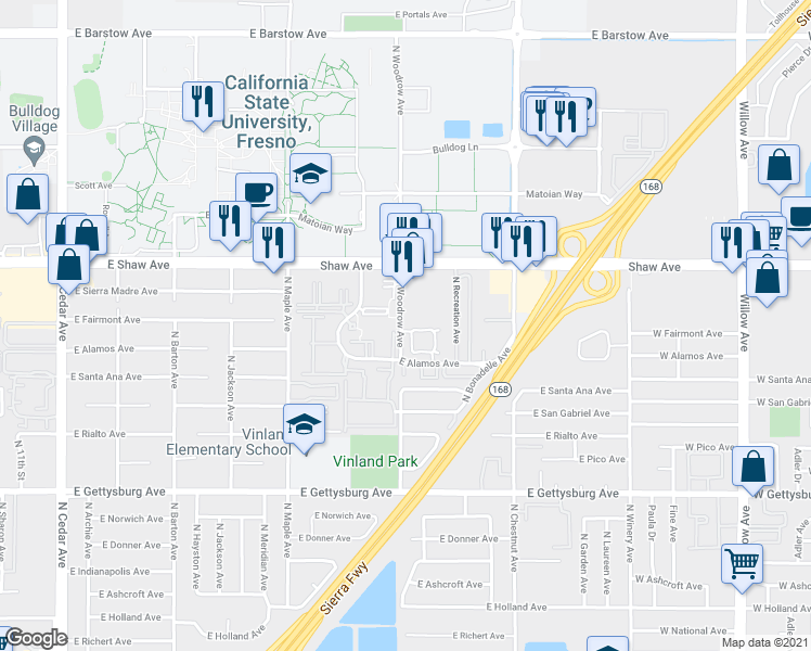 map of restaurants, bars, coffee shops, grocery stores, and more near 4910 North Woodrow Avenue in Fresno