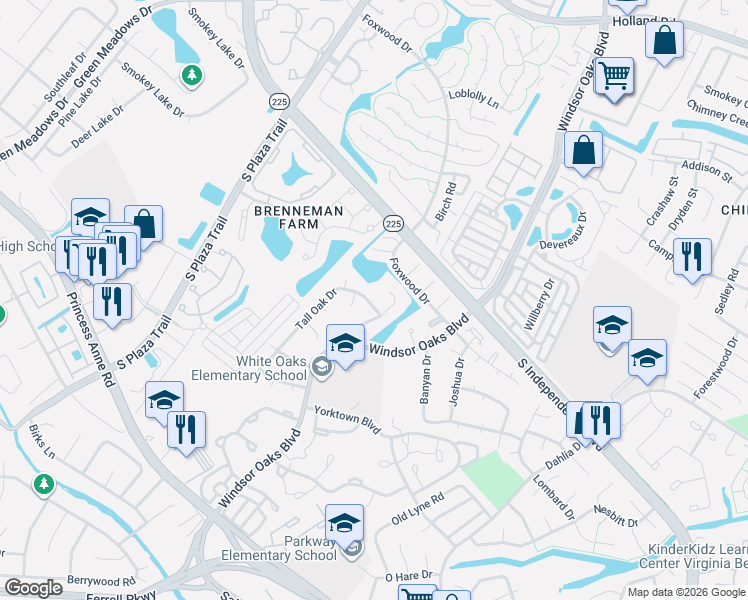 map of restaurants, bars, coffee shops, grocery stores, and more near 1045 Tall Oak Drive in Virginia Beach