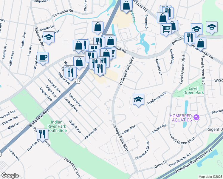 map of restaurants, bars, coffee shops, grocery stores, and more near 6405 Auburn Drive in Virginia Beach