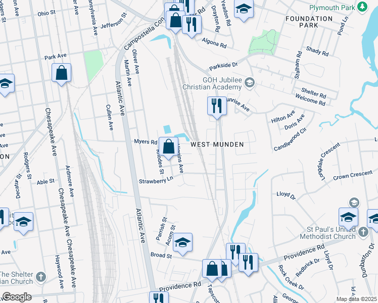 map of restaurants, bars, coffee shops, grocery stores, and more near 2513 Myers Road in Chesapeake