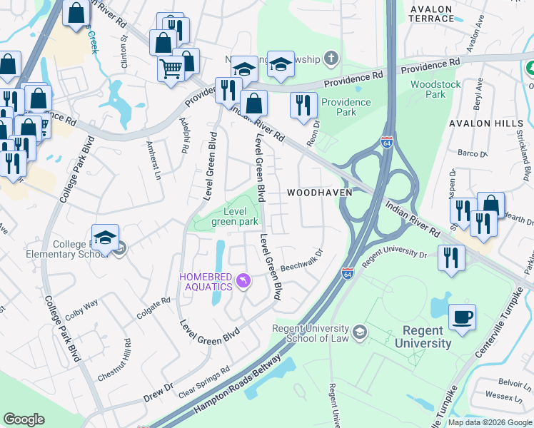 map of restaurants, bars, coffee shops, grocery stores, and more near 1179 Riviera Drive in Virginia Beach
