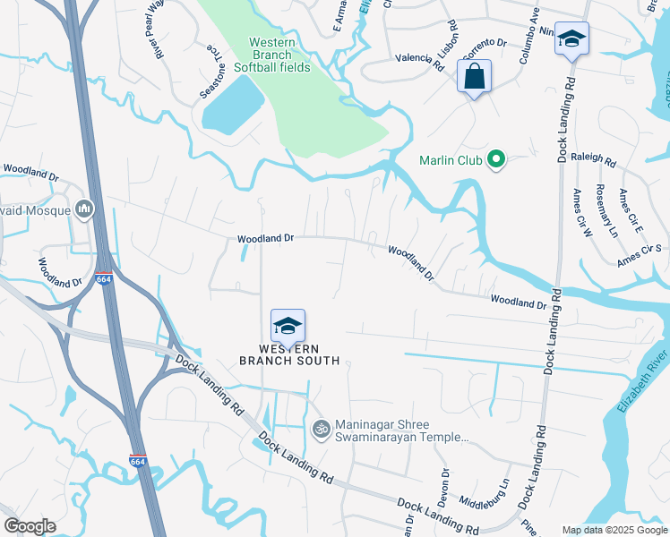 map of restaurants, bars, coffee shops, grocery stores, and more near 4201 Jennell Court in Chesapeake