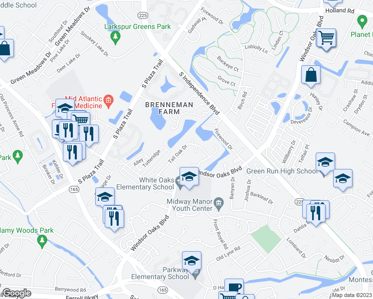 map of restaurants, bars, coffee shops, grocery stores, and more near 1064 Tall Oak Drive in Virginia Beach