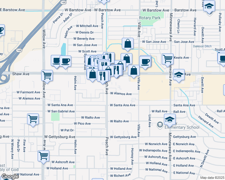 map of restaurants, bars, coffee shops, grocery stores, and more near 2127 Peach Avenue in Clovis