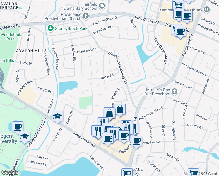 map of restaurants, bars, coffee shops, grocery stores, and more near 5441 Branchwood Way in Virginia Beach