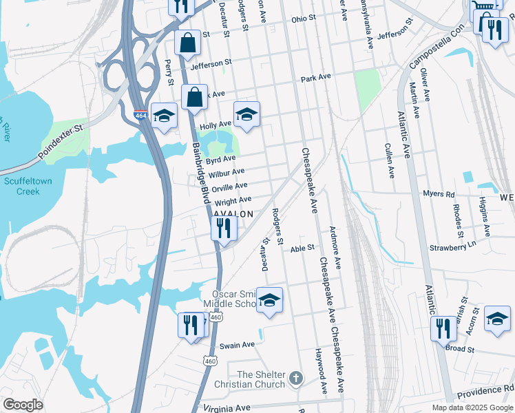 map of restaurants, bars, coffee shops, grocery stores, and more near 1111 Hughes Avenue in Chesapeake