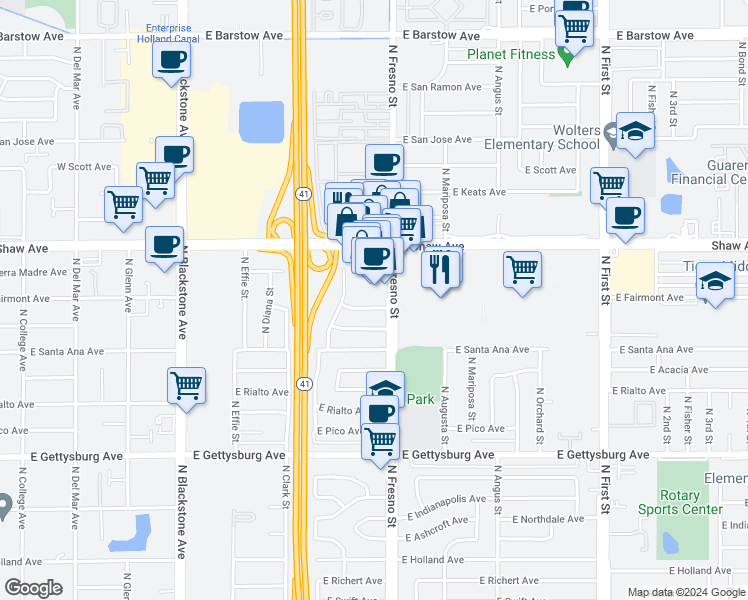 map of restaurants, bars, coffee shops, grocery stores, and more near 2415 E Fairmont Ave in Fresno