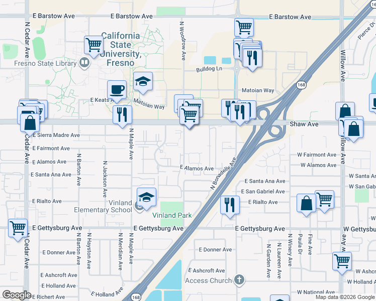 map of restaurants, bars, coffee shops, grocery stores, and more near 4860 North Woodrow Avenue in Fresno