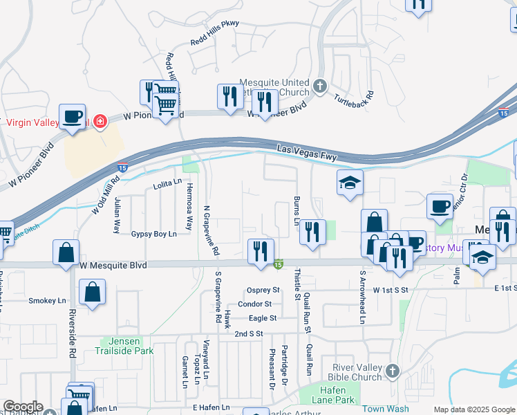 map of restaurants, bars, coffee shops, grocery stores, and more near 261 Sun Valley Drive in Mesquite