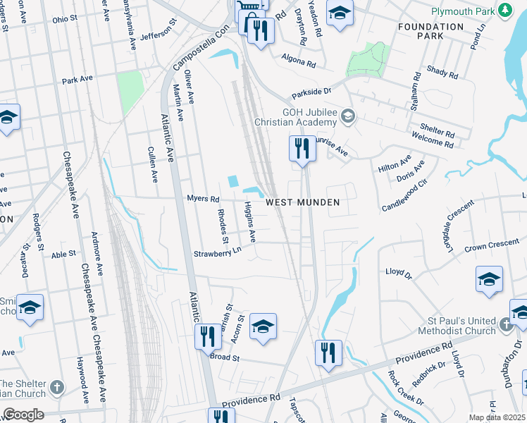 map of restaurants, bars, coffee shops, grocery stores, and more near 2513 Myers Road in Chesapeake