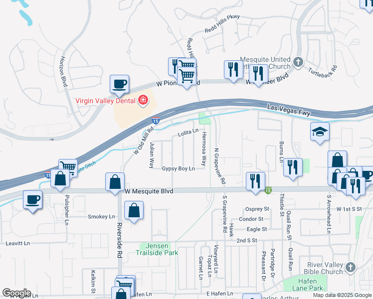 map of restaurants, bars, coffee shops, grocery stores, and more near 228 Hiawatha Way in Mesquite