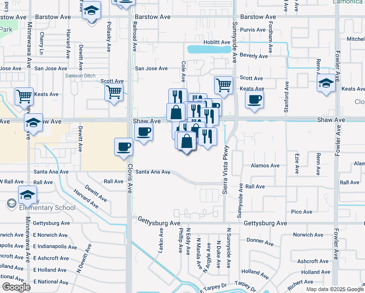 map of restaurants, bars, coffee shops, grocery stores, and more near 1140 Shaw Avenue in Clovis