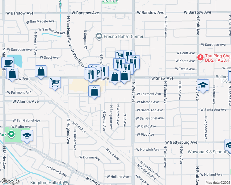 map of restaurants, bars, coffee shops, grocery stores, and more near 1511 West Fairmont Avenue in Fresno