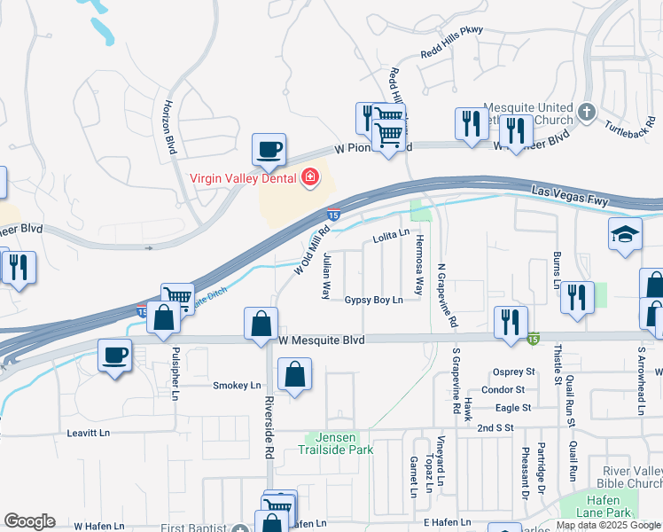 map of restaurants, bars, coffee shops, grocery stores, and more near 224 Julian Way in Mesquite