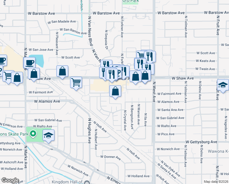 map of restaurants, bars, coffee shops, grocery stores, and more near 4920 North Sequoia Drive in Fresno
