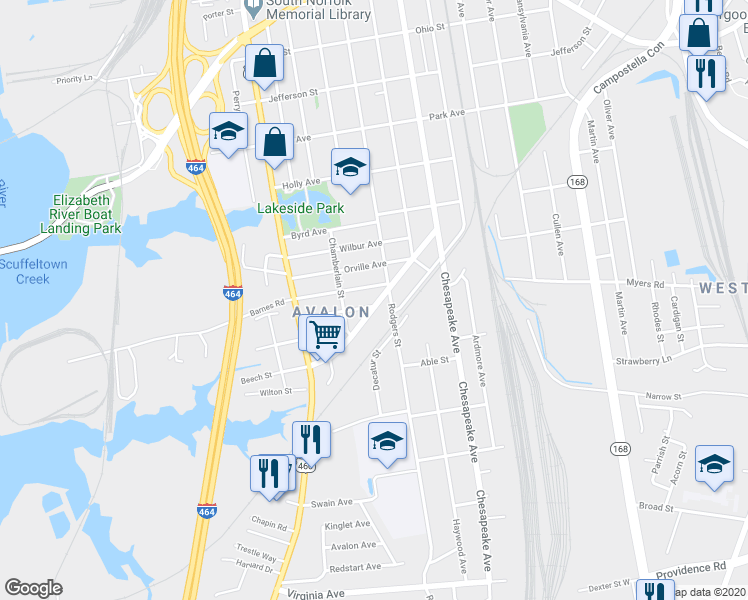 map of restaurants, bars, coffee shops, grocery stores, and more near 1810 Chesapeake Drive in Chesapeake