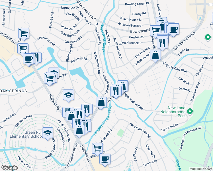 map of restaurants, bars, coffee shops, grocery stores, and more near 957 South Club House Road in Virginia Beach