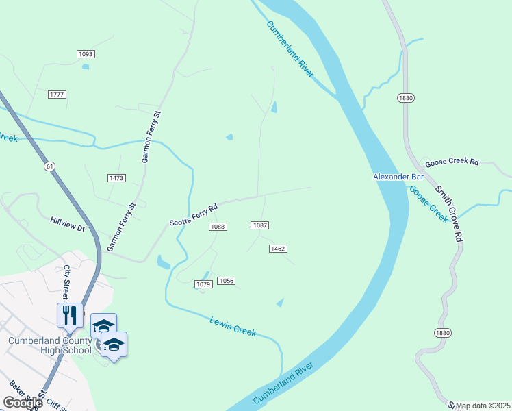 map of restaurants, bars, coffee shops, grocery stores, and more near Eden Lane Road in Burkesville