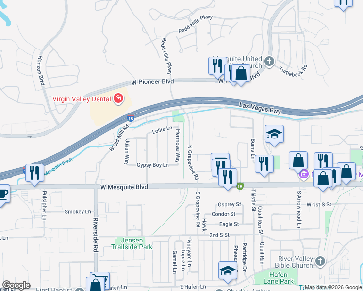 map of restaurants, bars, coffee shops, grocery stores, and more near 260 Hermosa Way in Mesquite