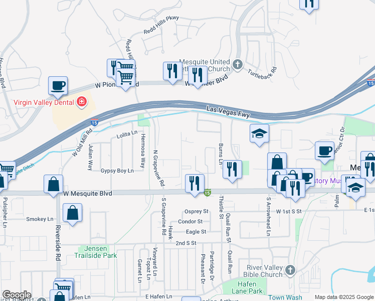 map of restaurants, bars, coffee shops, grocery stores, and more near 261 Sun Valley Drive in Mesquite