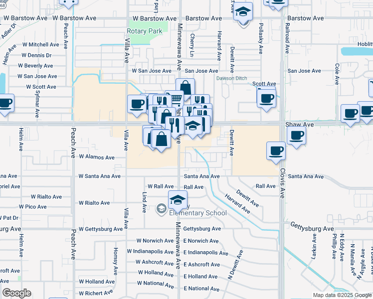 map of restaurants, bars, coffee shops, grocery stores, and more near 2161 Minnewawa Avenue in Clovis