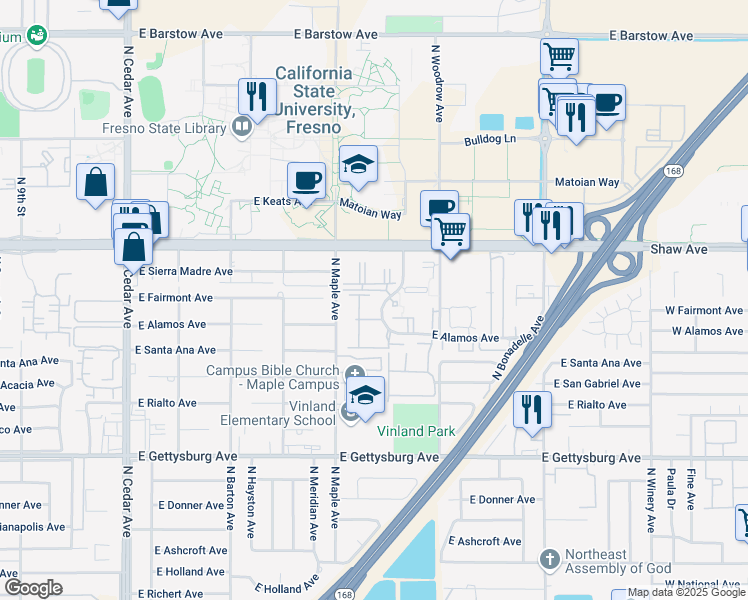 map of restaurants, bars, coffee shops, grocery stores, and more near 4885 North Backer Avenue in Fresno