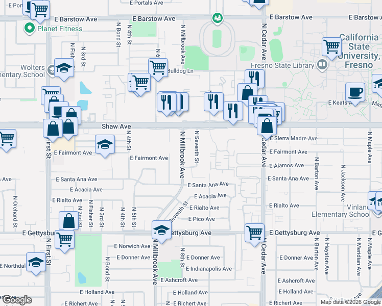 map of restaurants, bars, coffee shops, grocery stores, and more near 4919 North 7th Street in Fresno