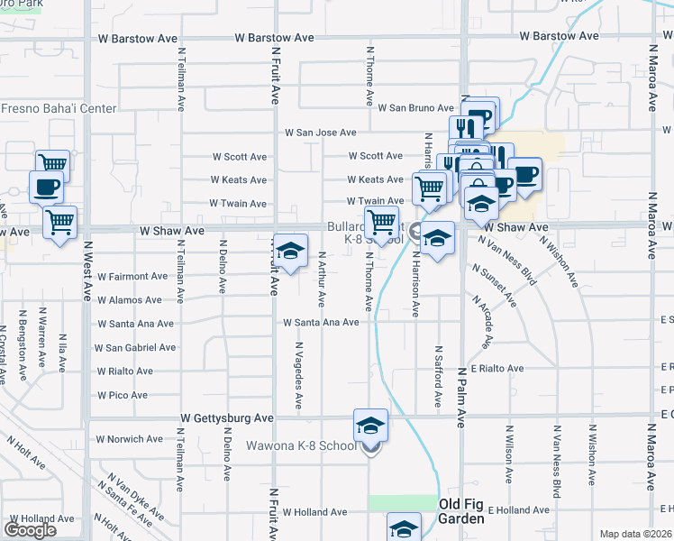 map of restaurants, bars, coffee shops, grocery stores, and more near 4924 North Arthur Avenue in Fresno