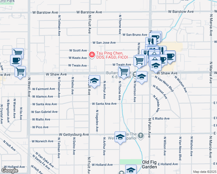 map of restaurants, bars, coffee shops, grocery stores, and more near 4924 North Arthur Avenue in Fresno