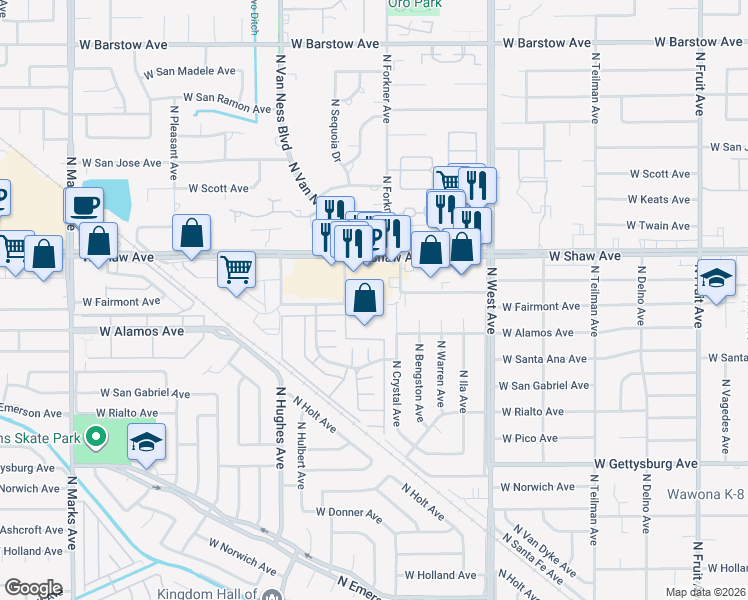 map of restaurants, bars, coffee shops, grocery stores, and more near 4920 North Sequoia Drive in Fresno