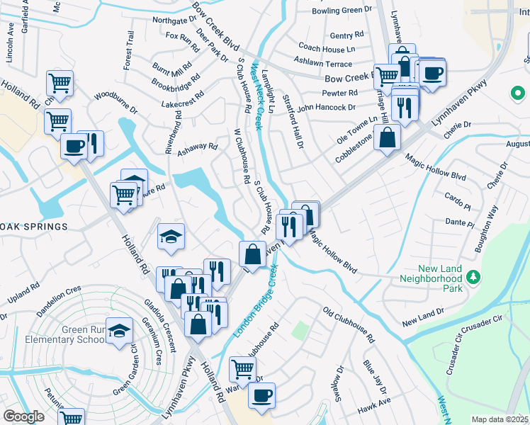 map of restaurants, bars, coffee shops, grocery stores, and more near 957 South Club House Road in Virginia Beach