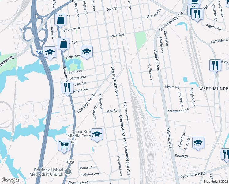 map of restaurants, bars, coffee shops, grocery stores, and more near 1900 Chesapeake Avenue in Chesapeake