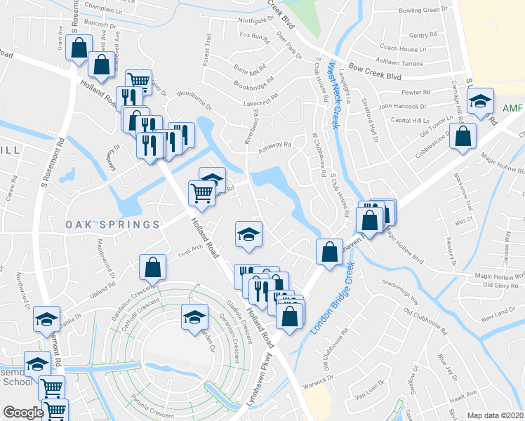 map of restaurants, bars, coffee shops, grocery stores, and more near 1008 Riverbend Road in Virginia Beach