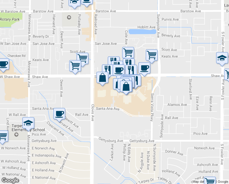 map of restaurants, bars, coffee shops, grocery stores, and more near 1000 Shaw Avenue in Clovis