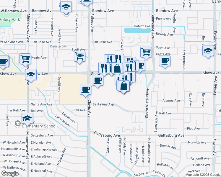 map of restaurants, bars, coffee shops, grocery stores, and more near 1000 Shaw Avenue in Clovis