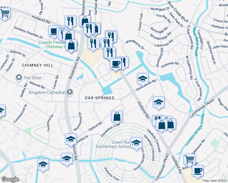 map of restaurants, bars, coffee shops, grocery stores, and more near 3733 Windridge Road in Virginia Beach