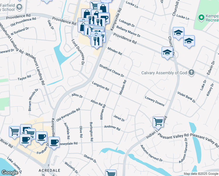 map of restaurants, bars, coffee shops, grocery stores, and more near 5168 Langston Road in Virginia Beach