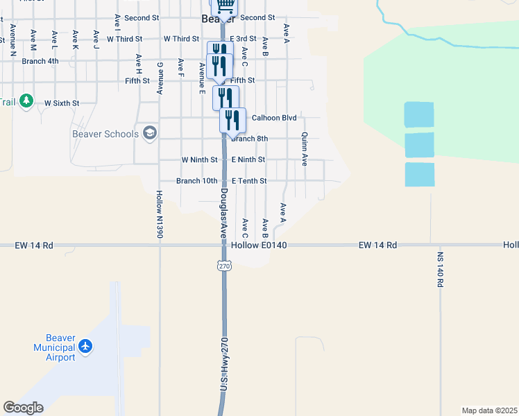 map of restaurants, bars, coffee shops, grocery stores, and more near 1110 Avenue C in Beaver