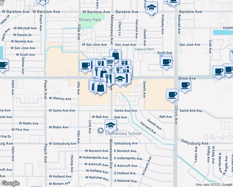 map of restaurants, bars, coffee shops, grocery stores, and more near 2161 Minnewawa Avenue in Clovis