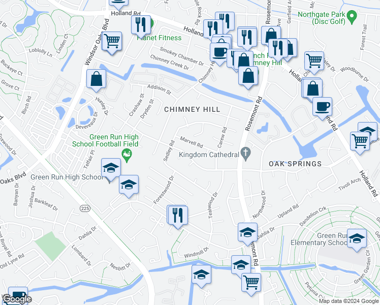 map of restaurants, bars, coffee shops, grocery stores, and more near 3570 Campion Avenue in Virginia Beach