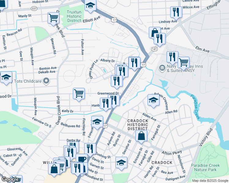 map of restaurants, bars, coffee shops, grocery stores, and more near 2020 Greenwood Drive in Portsmouth