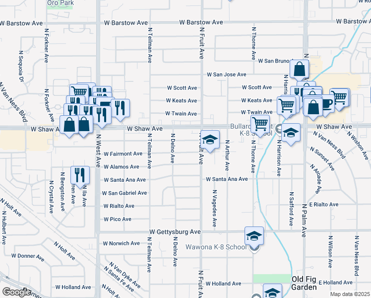 map of restaurants, bars, coffee shops, grocery stores, and more near 604 West Fairmont Avenue in Fresno