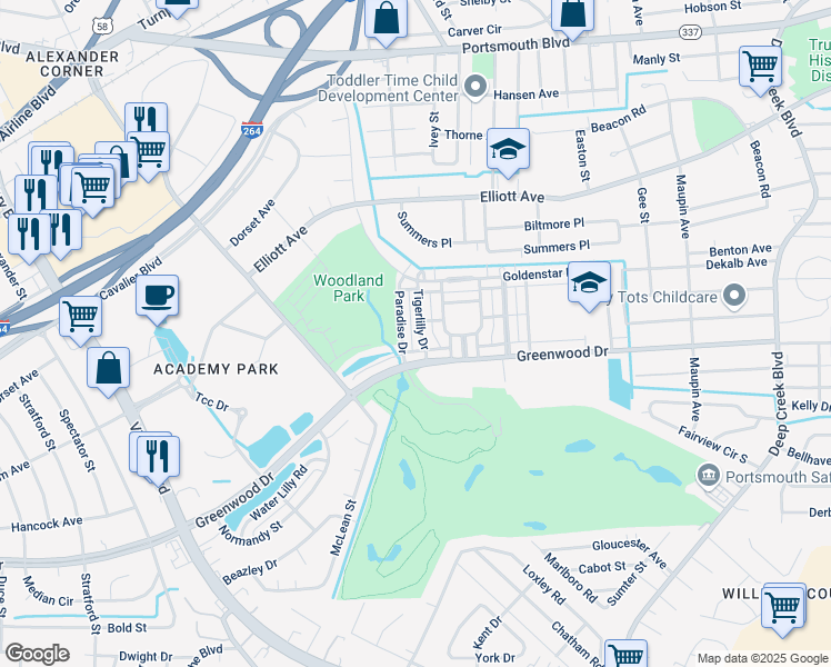 map of restaurants, bars, coffee shops, grocery stores, and more near 223 Tigerlilly Drive in Portsmouth