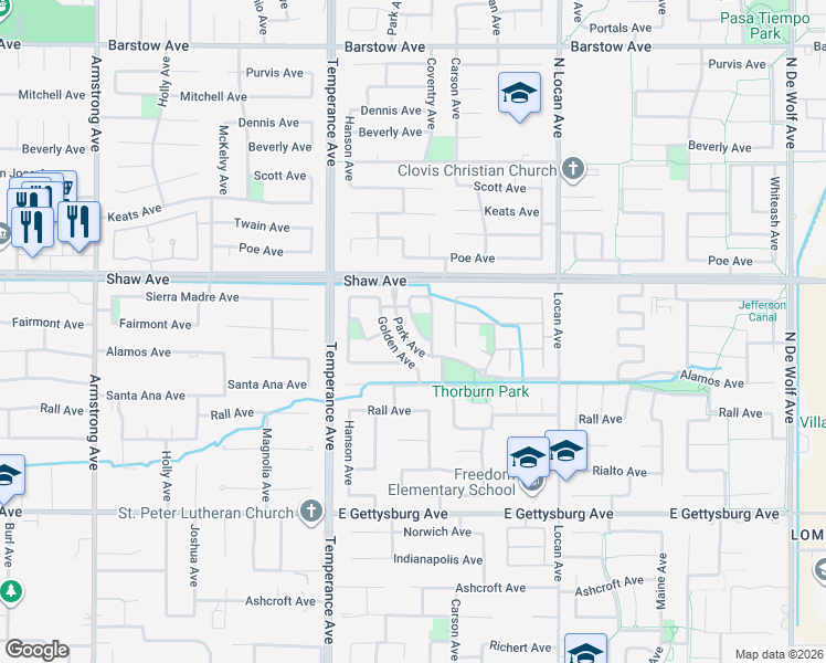 map of restaurants, bars, coffee shops, grocery stores, and more near 2166 Williams Avenue in Clovis