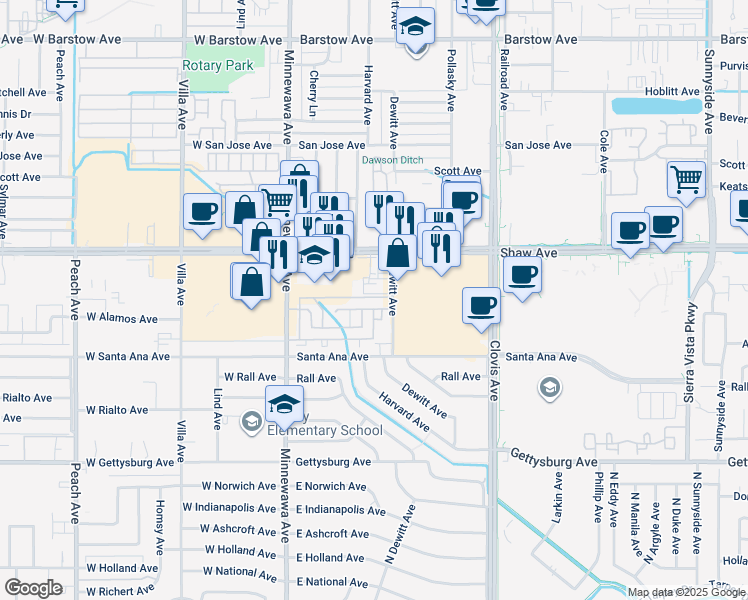 map of restaurants, bars, coffee shops, grocery stores, and more near 239 Fairmont Avenue in Clovis