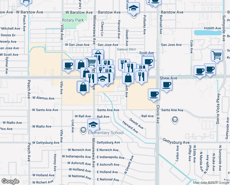 map of restaurants, bars, coffee shops, grocery stores, and more near 239 Fairmont Avenue in Clovis