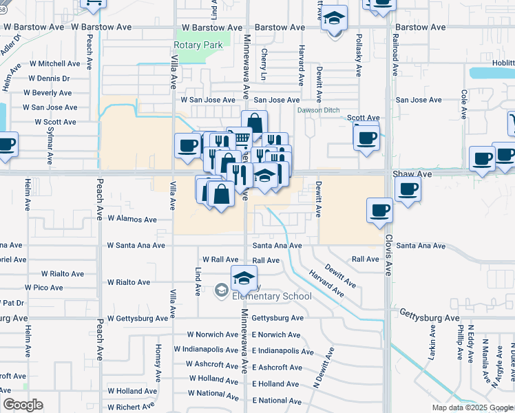 map of restaurants, bars, coffee shops, grocery stores, and more near 2161 Minnewawa Avenue in Clovis