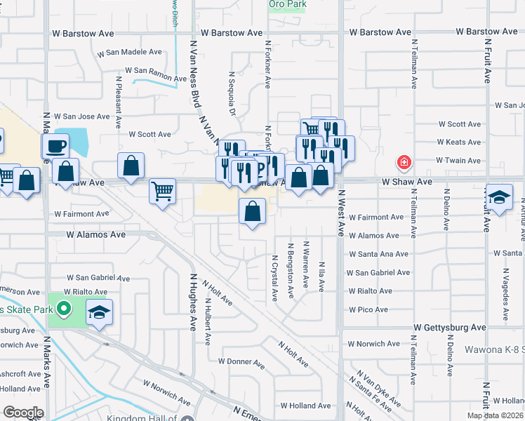 map of restaurants, bars, coffee shops, grocery stores, and more near 4915 West Fairmont Avenue in Fresno