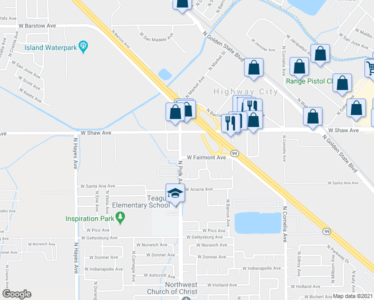 map of restaurants, bars, coffee shops, grocery stores, and more near 4942 North Polk Avenue in Fresno